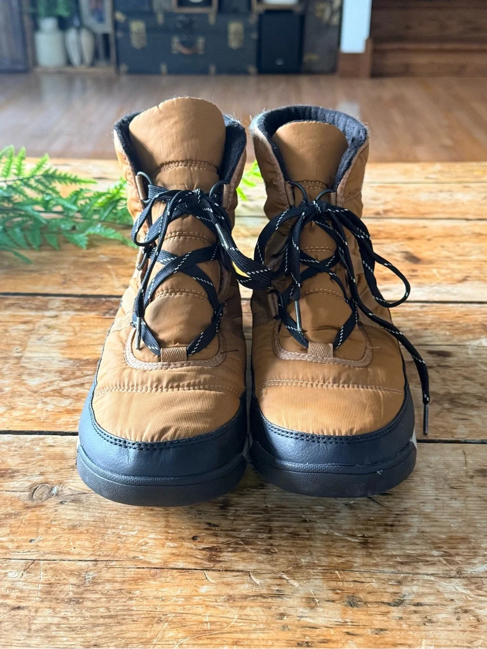 Sorel Camel and Black Lace-Up Winter Ankle Boots